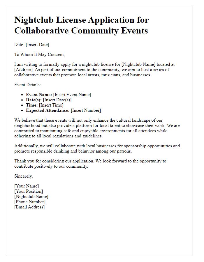 Letter template of nightclub license application for collaborative community events.