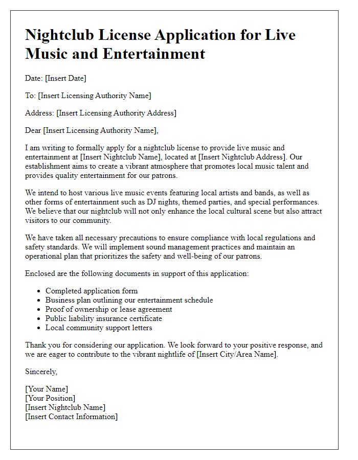 Letter template of nightclub license application for live music and entertainment.