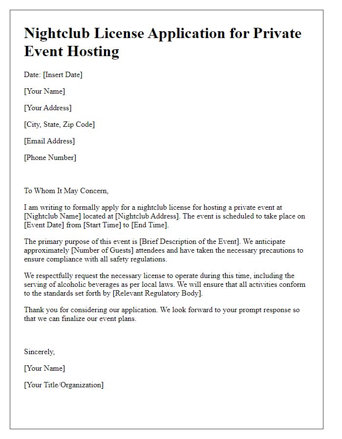 Letter template of nightclub license application for private event hosting.