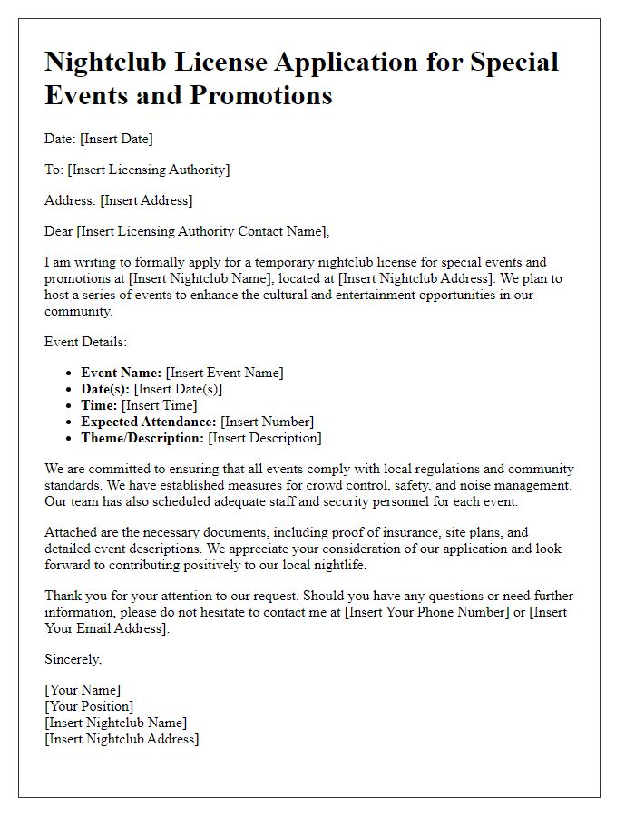 Letter template of nightclub license application for special events and promotions.