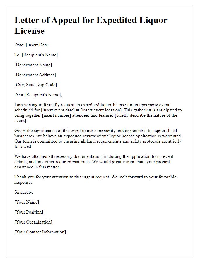 Letter template of appeal for expedited liquor license for gatherings