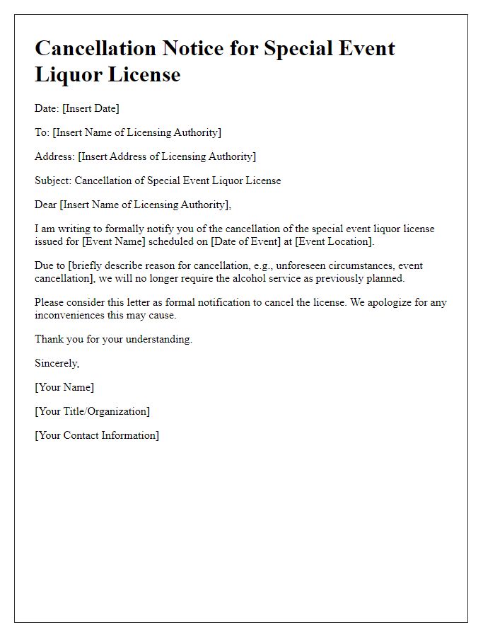 Letter template of cancellation notice for special event liquor license