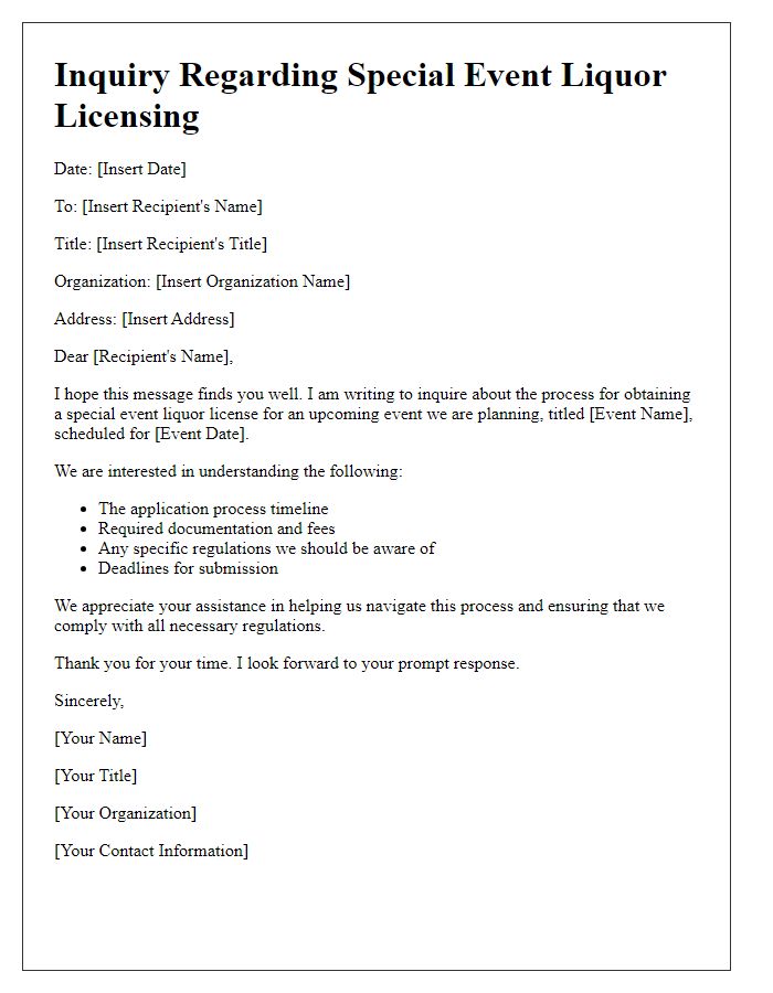 Letter template of inquiry regarding special event liquor licensing process