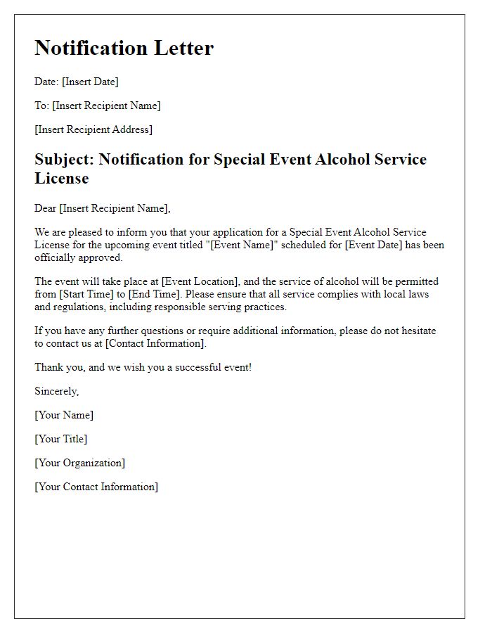 Letter template of notification for special event alcohol service license