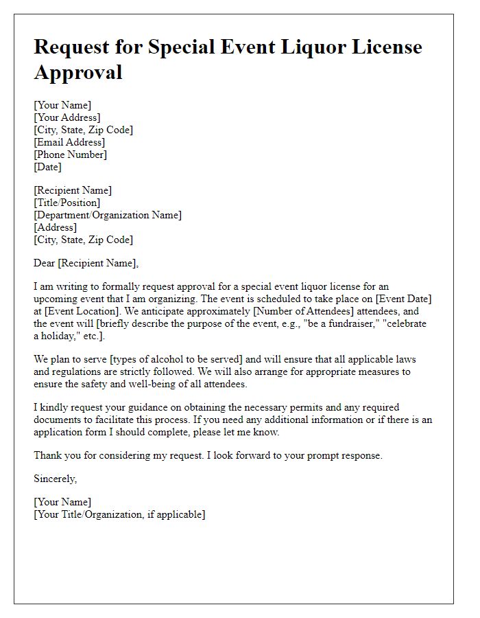 Letter template of request for special event liquor license approval