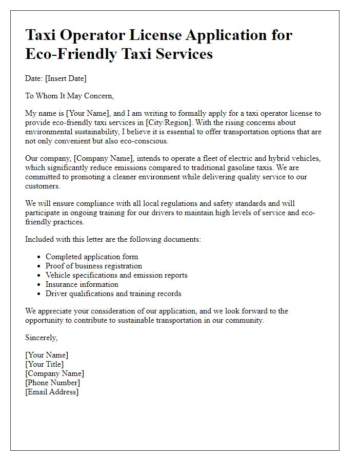 Letter template of taxi operator license application for eco-friendly taxi services