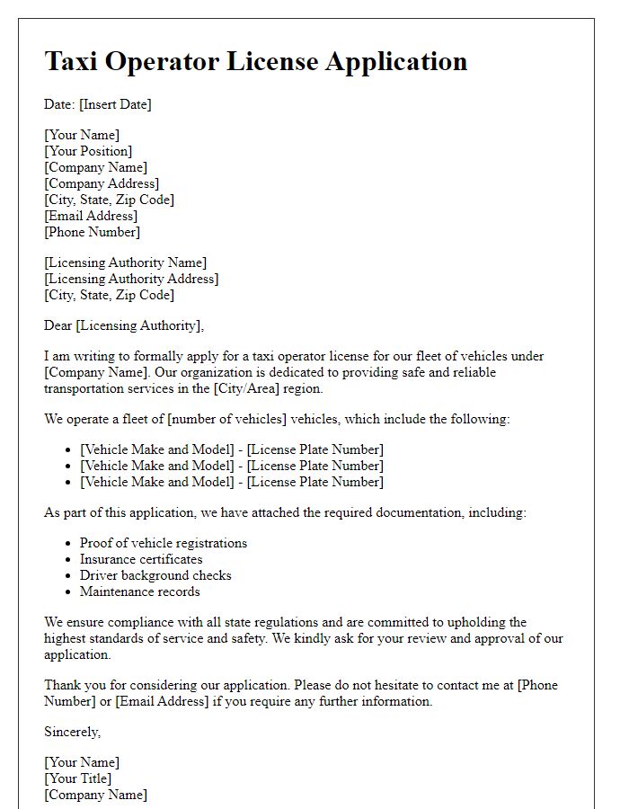 Letter template of taxi operator license application for fleets with multiple vehicles