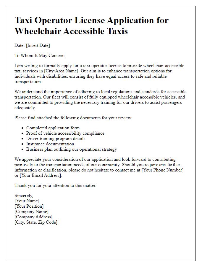 Letter template of taxi operator license application for wheelchair accessible taxis