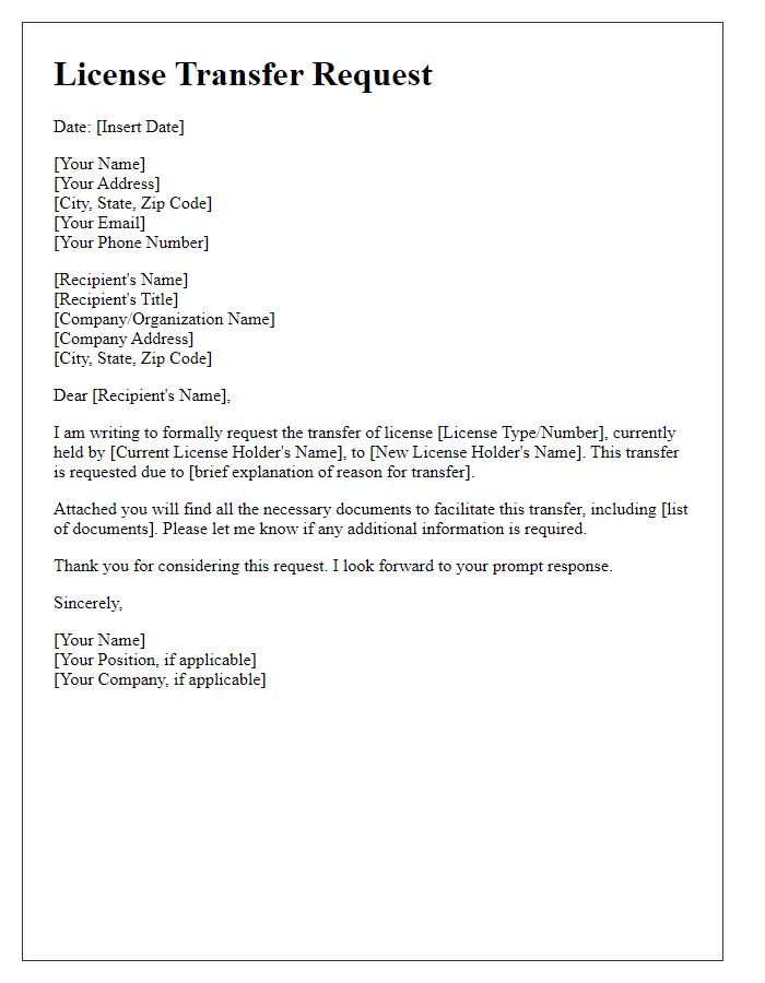 Letter template of formal license transfer request