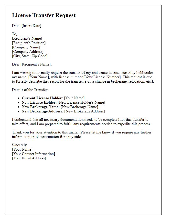 Letter template of license transfer request for real estate transactions