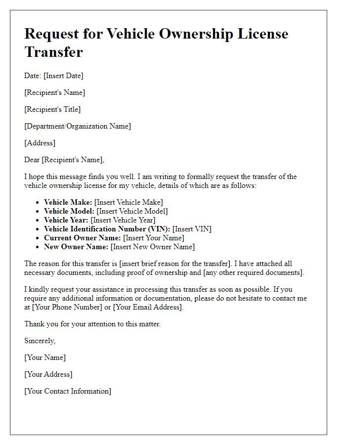 Letter template of license transfer request for vehicle ownership