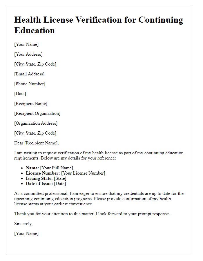 Letter template of health license verification for continuing education.