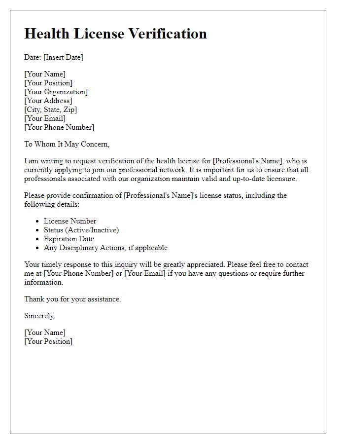 Letter template of health license verification for professional networking.