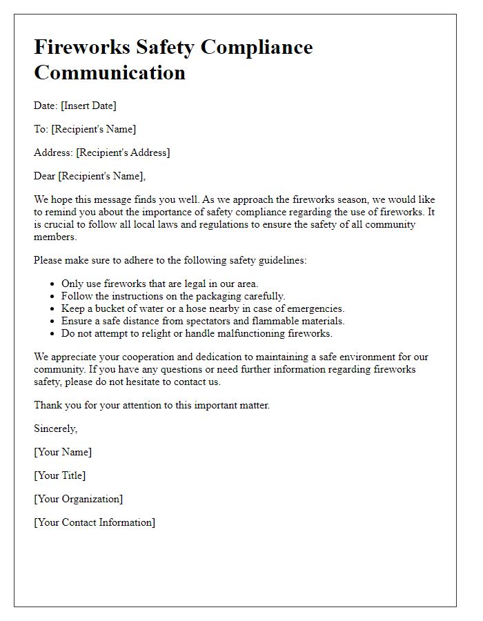 Letter template of communication for fireworks safety compliance