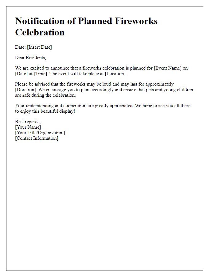 Letter template of notification for planned fireworks celebration