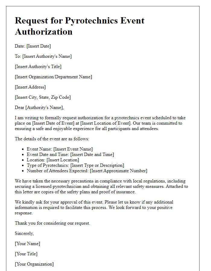 Letter template of request for pyrotechnics event authorization