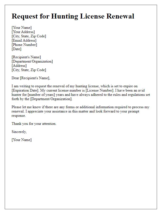 Letter template of hunting license renewal request