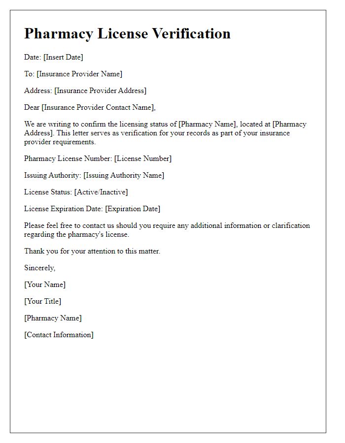 Letter template of pharmacy license verification for insurance provider requirements.