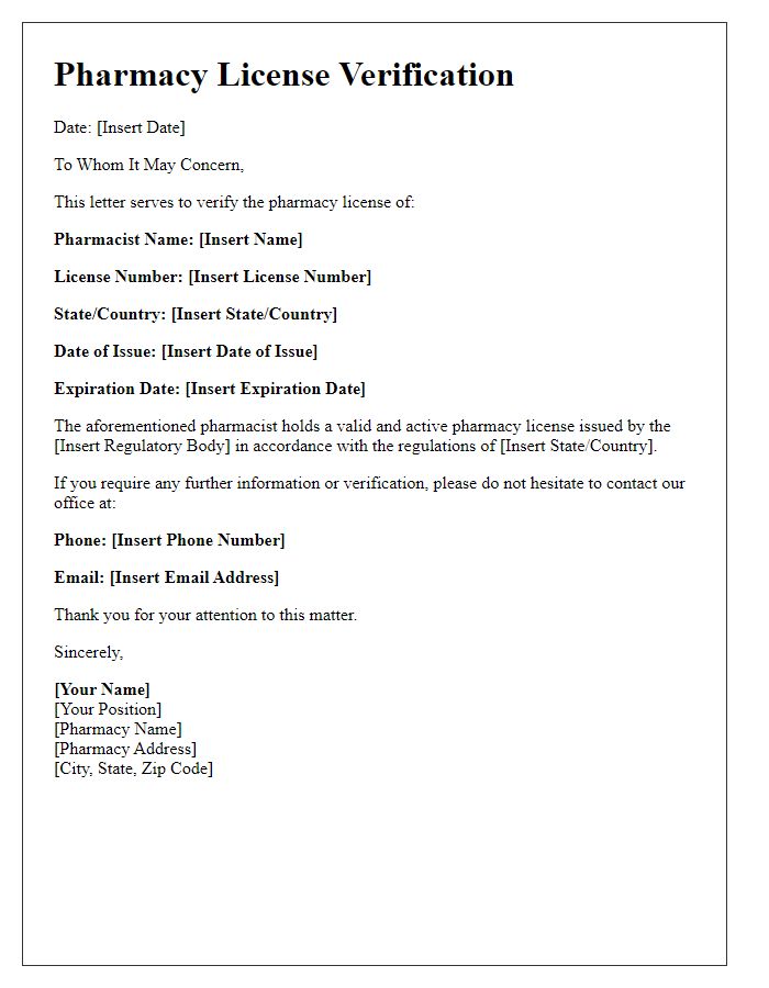 Letter template of pharmacy license verification for international credentialing.