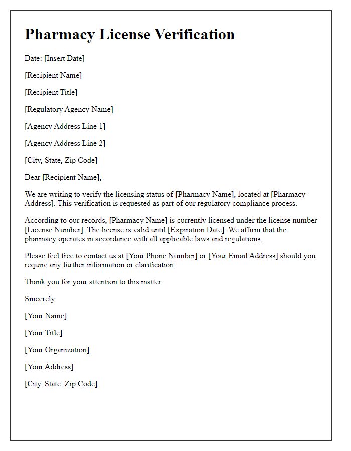 Letter template of pharmacy license verification for regulatory compliance.