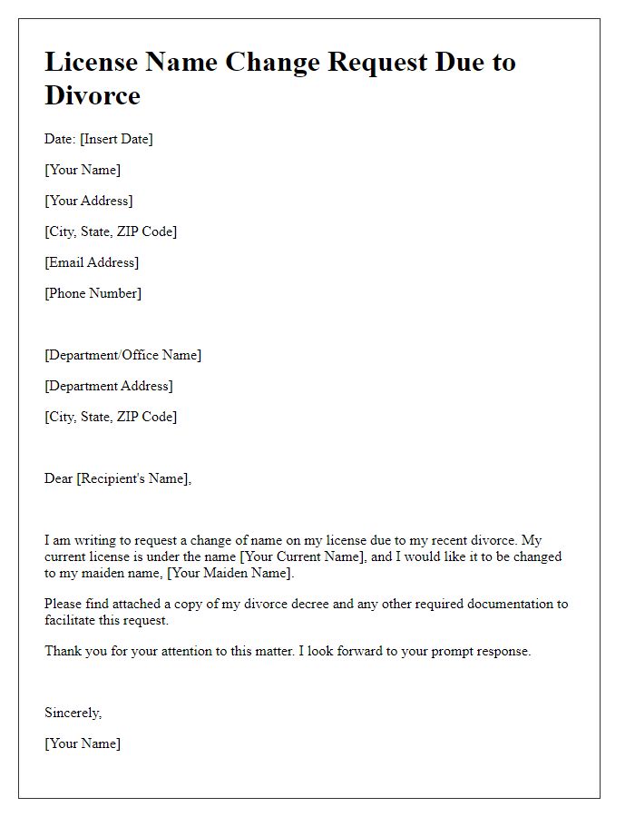 Letter template of license name change request due to divorce