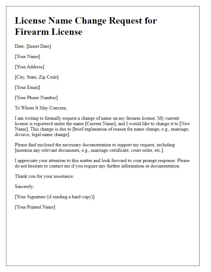 Letter template of license name change request for firearm licenses