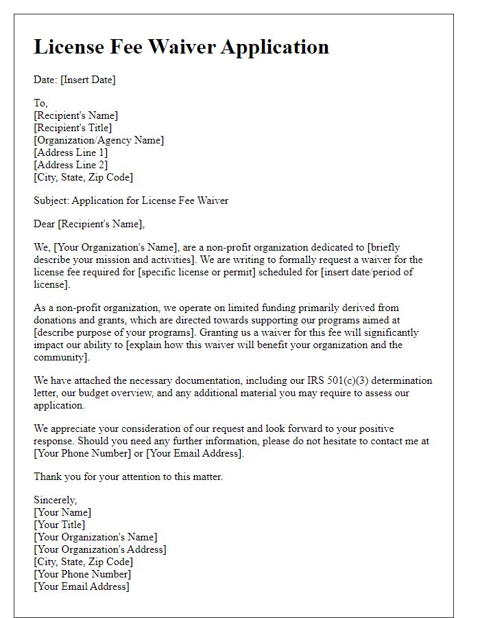 Letter template of license fee waiver application for non-profit organizations.