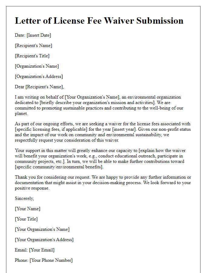 Letter template of license fee waiver submission for environmental organizations.