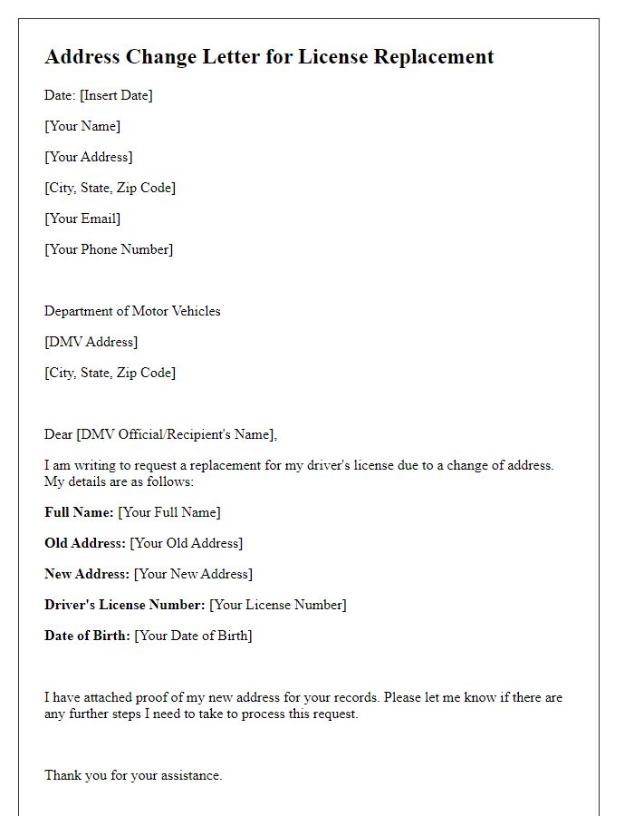 Letter template of address change for license replacement