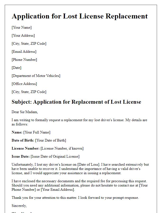 Letter template of application for lost license replacement