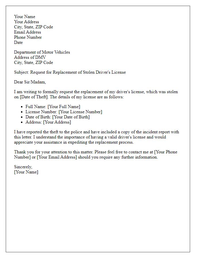 Letter template of stolen license replacement request