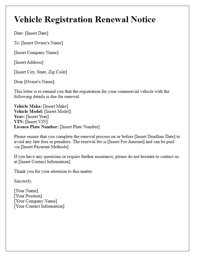 Letter template of vehicle registration renewal for commercial vehicles.