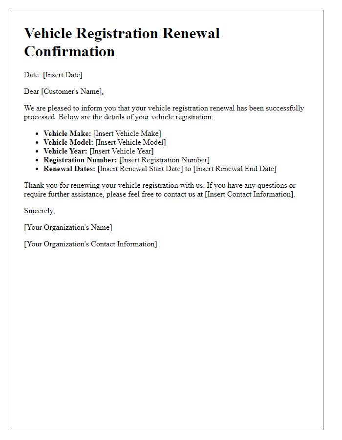 Letter template of vehicle registration renewal confirmation.