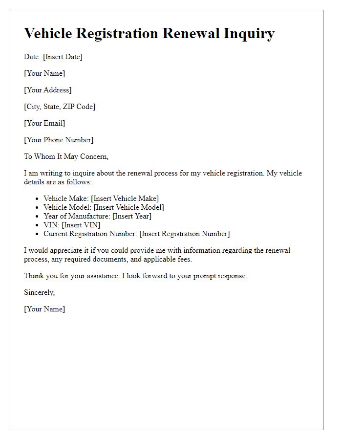 Letter template of vehicle registration renewal inquiry.