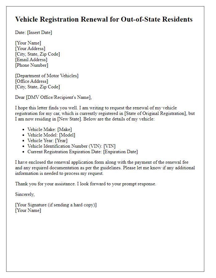 Letter template of vehicle registration renewal for out-of-state residents.