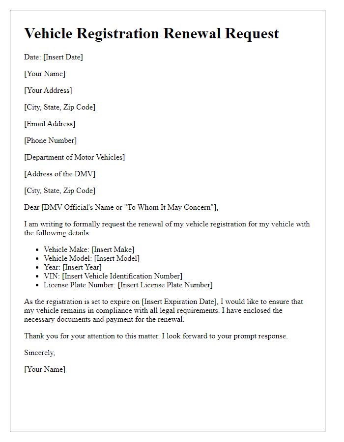 Letter template of vehicle registration renewal request.