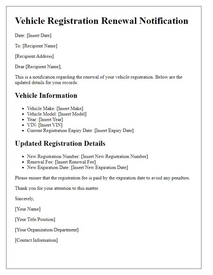 Letter template of vehicle registration renewal with updated information.