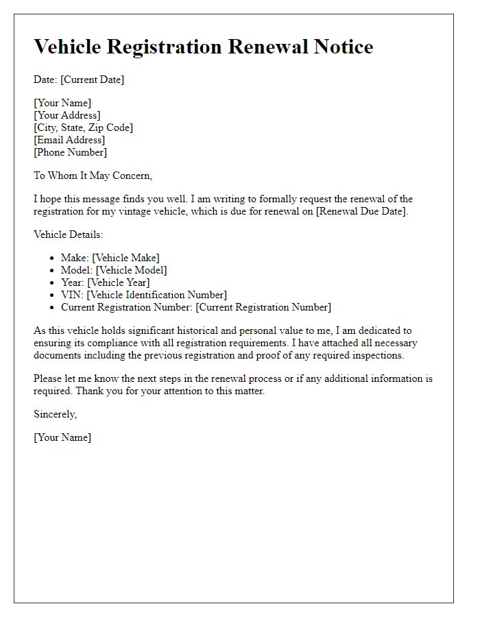 Letter template of vehicle registration renewal for vintage vehicles.