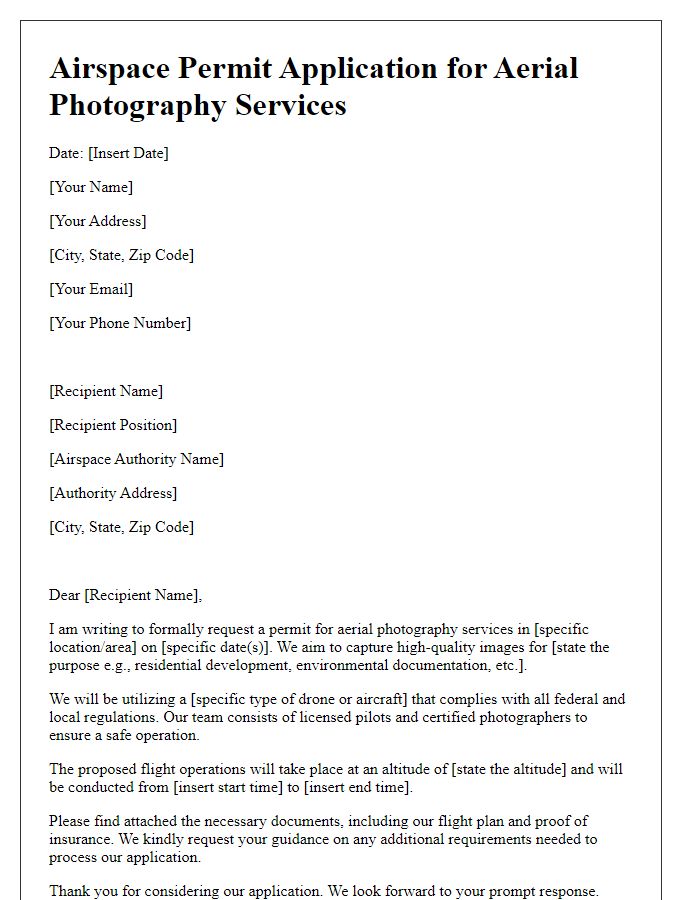 Letter template of airspace permit application for aerial photography services.