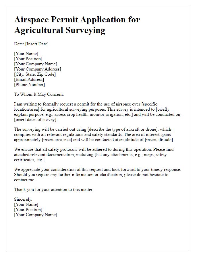 Letter template of airspace permit application for agricultural surveying.