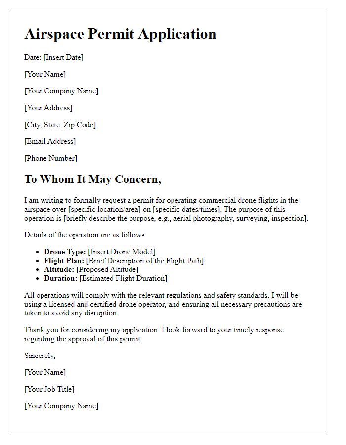 Letter template of airspace permit application for commercial drone operations.