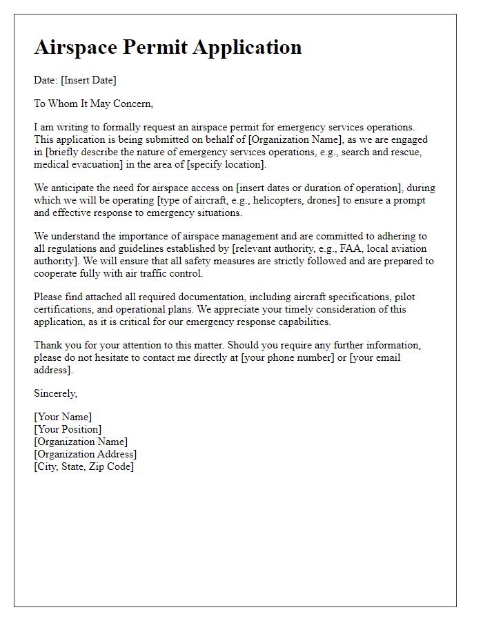 Letter template of airspace permit application for emergency services operations.