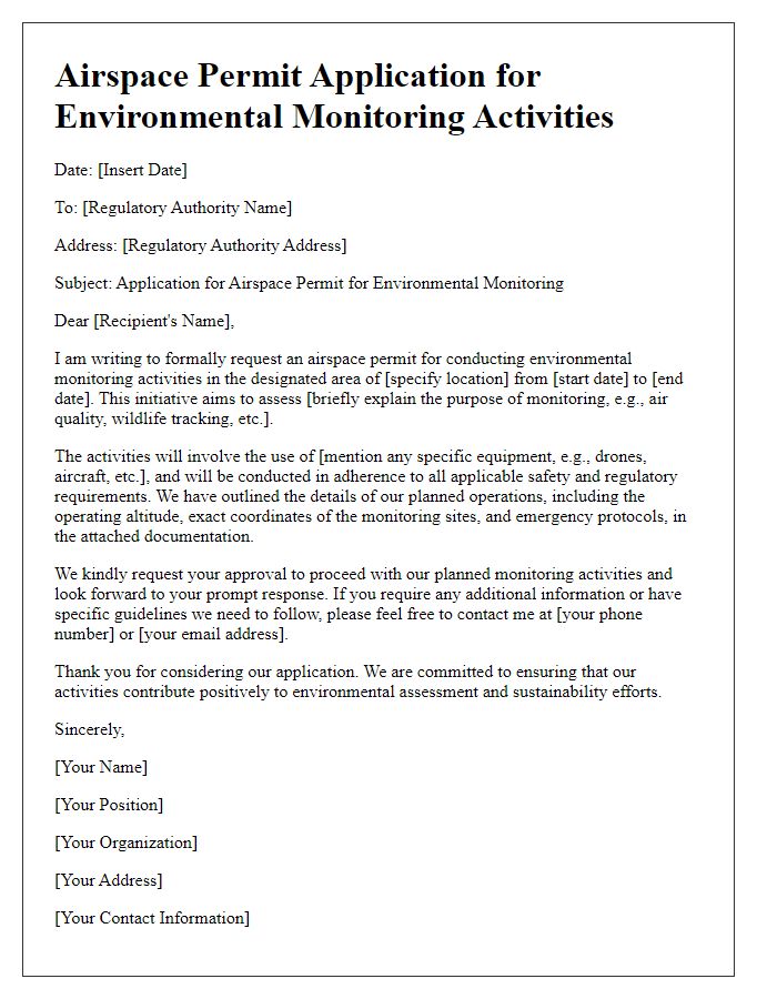 Letter template of airspace permit application for environmental monitoring activities.