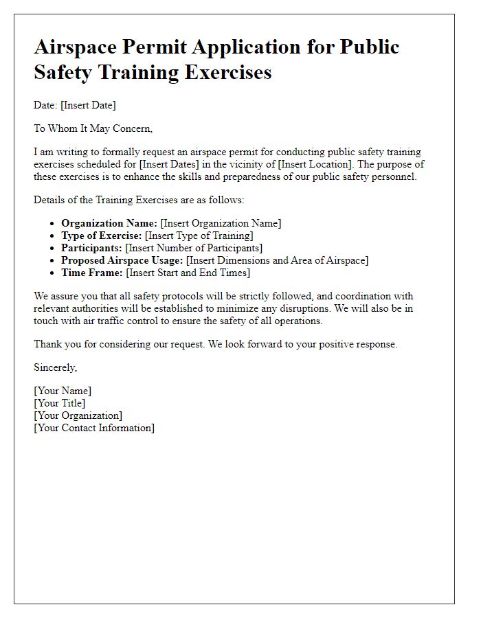 Letter template of airspace permit application for public safety training exercises.