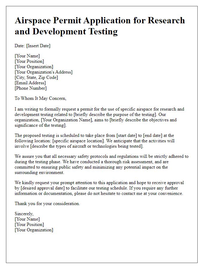 Letter template of airspace permit application for research and development testing.