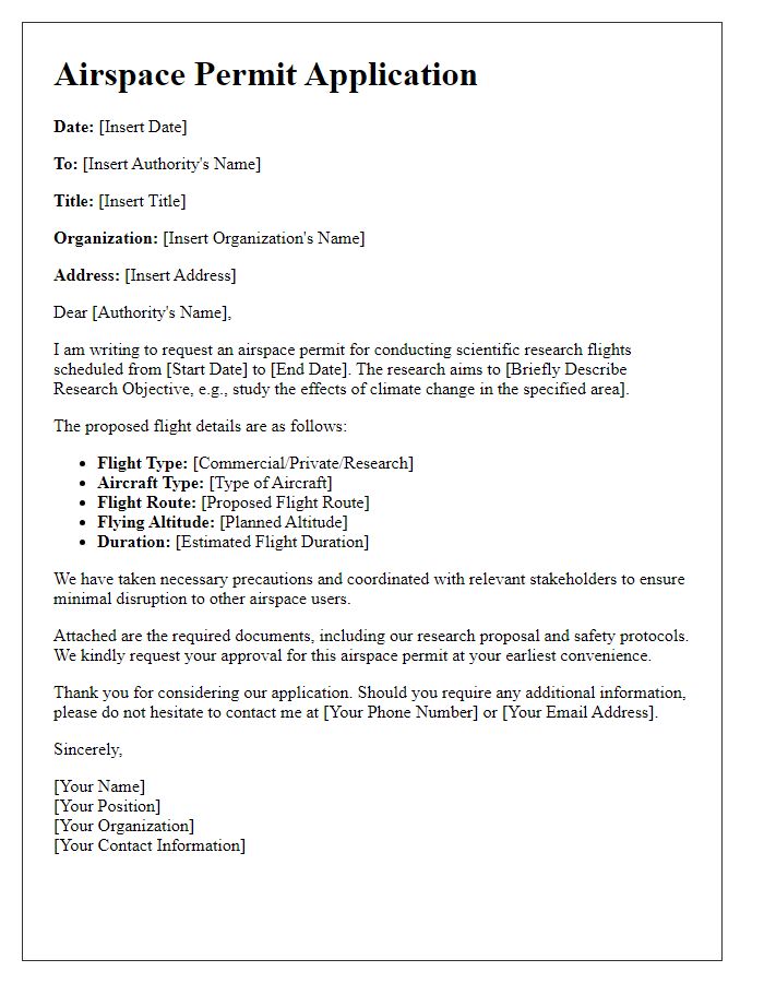 Letter template of airspace permit application for scientific research flights.