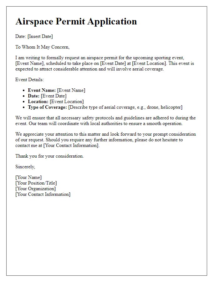 Letter template of airspace permit application for sporting events coverage.