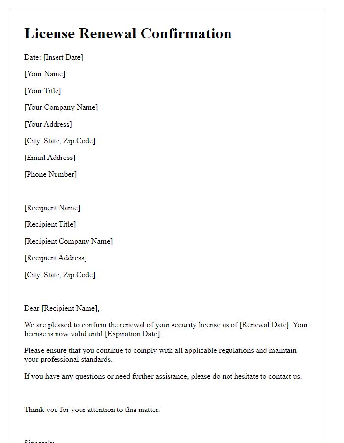 Letter template of confirmation for security license renewal