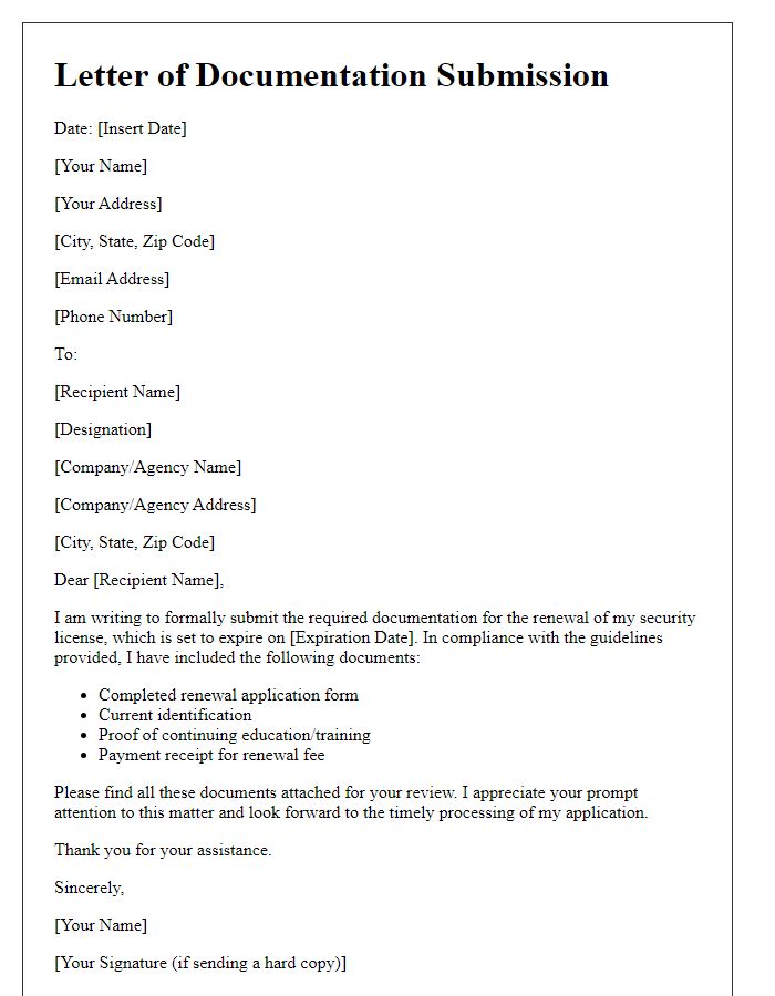 Letter template of documentation submission for security license renewal