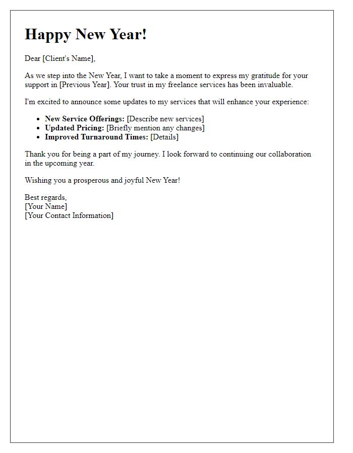 Letter template of freelance new year announcements of service updates.